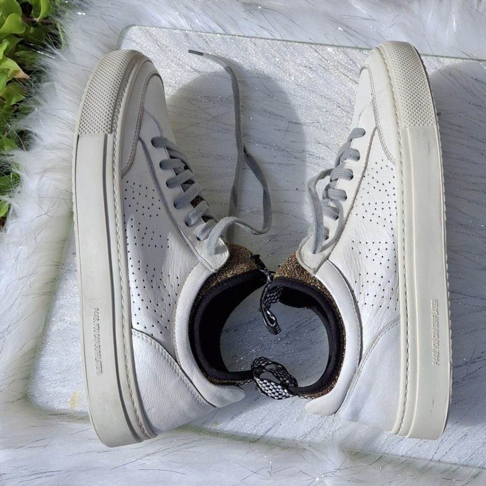 P448 You Can Surf Later White Leather Gold Glitter Tongue Sneakers Women Size 9 - Picture 7 of 16